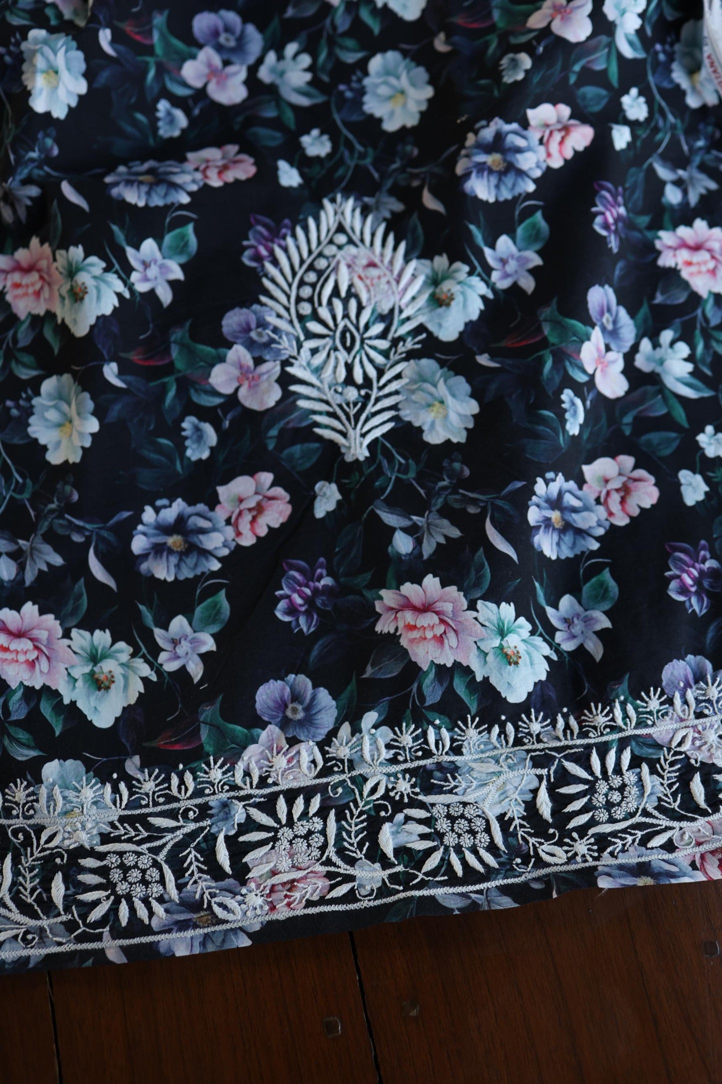 Black Multi Kurta Fabric with Chikankari Embroidered Neckline