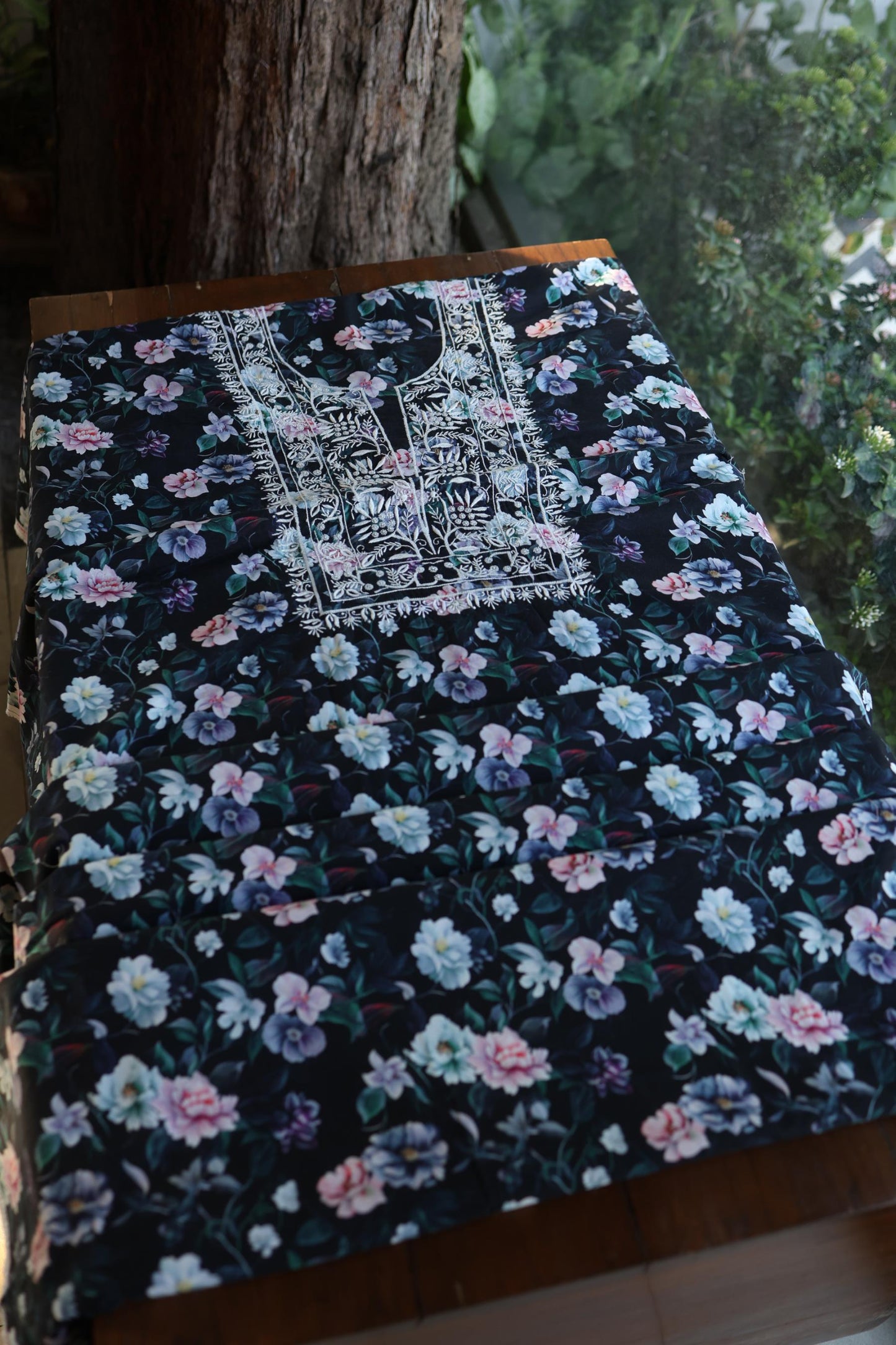 Black Multi Kurta Fabric with Chikankari Embroidered Neckline