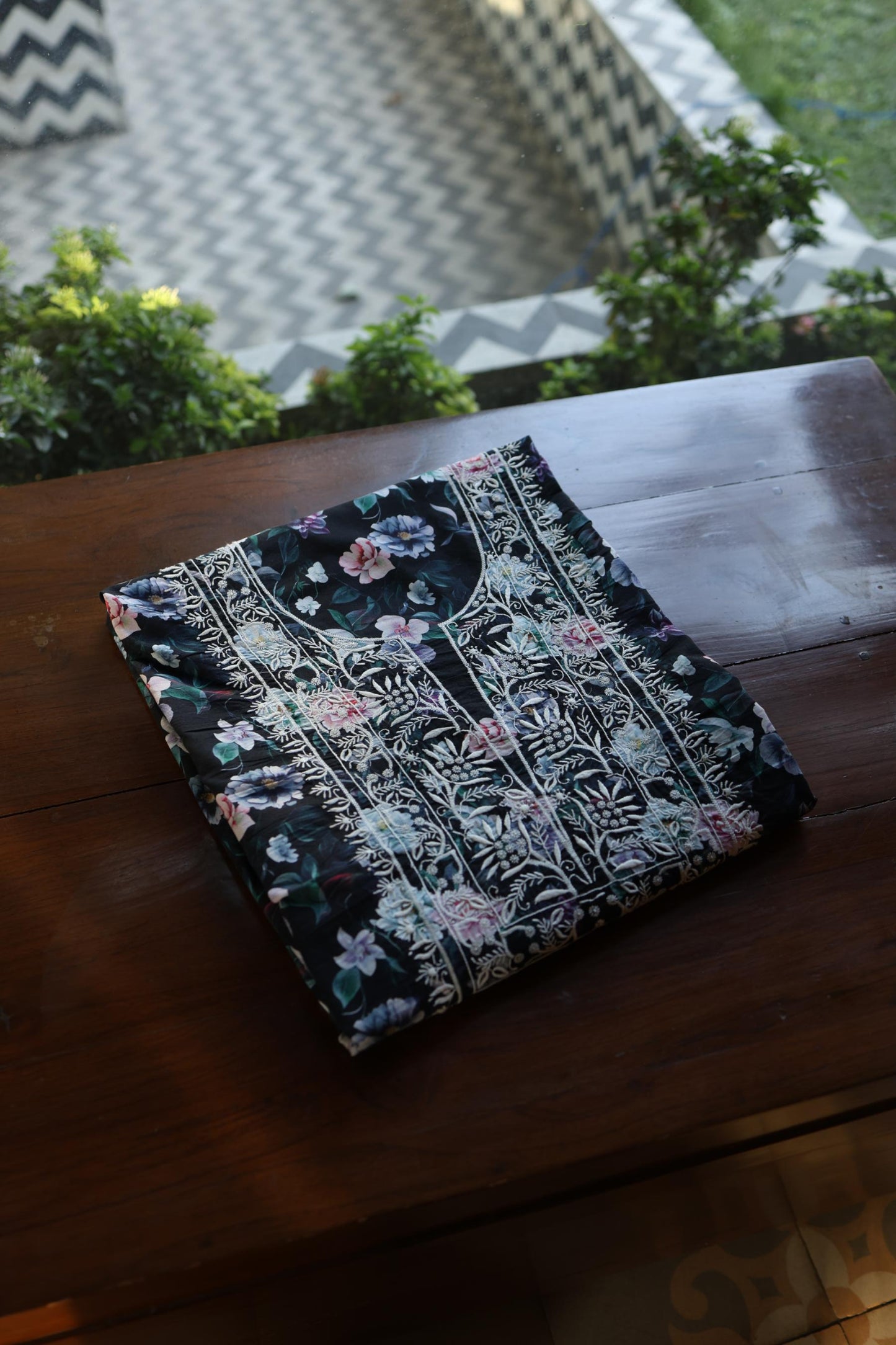 Black Multi Kurta Fabric with Chikankari Embroidered Neckline