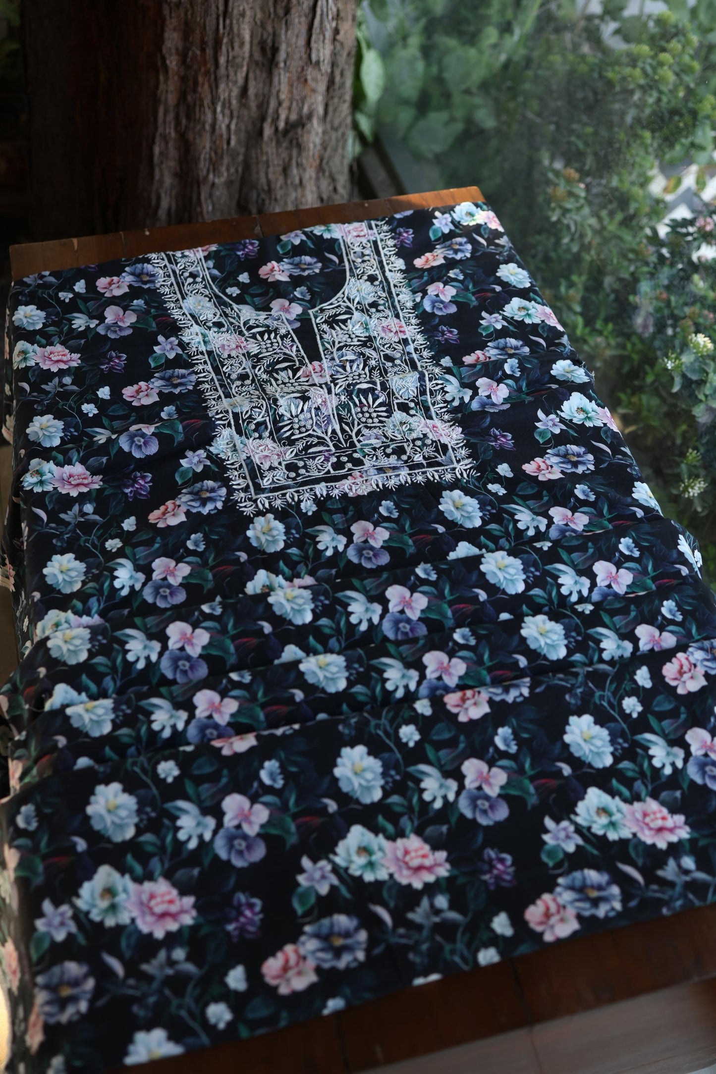 Black Multi Kurta Fabric with Chikankari Embroidered Neckline