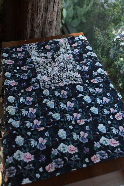 Black Multi Kurta Fabric with Chikankari Embroidered Neckline