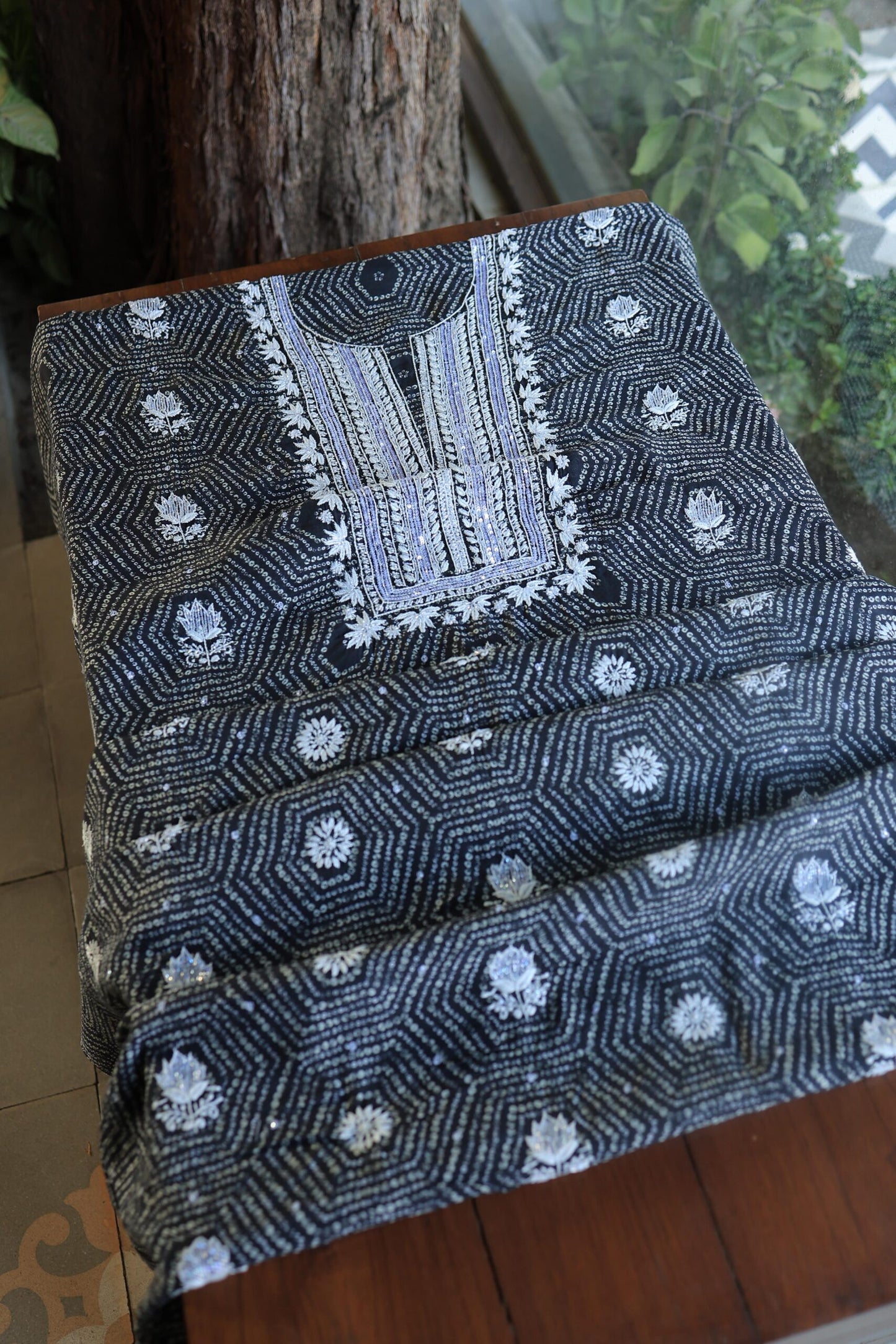 Black Muslin Chikankari Kurta Fabric