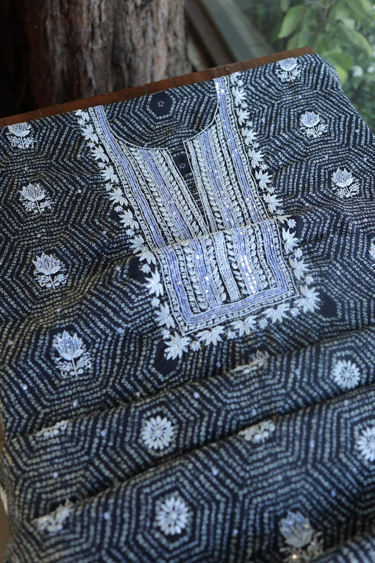 Black Muslin Chikankari Kurta Fabric