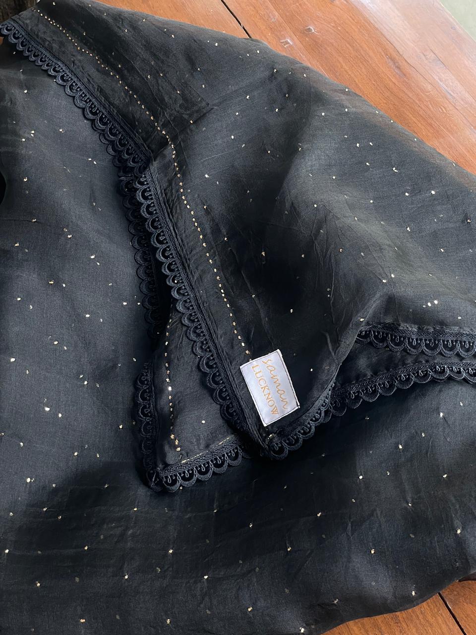 Black Noor Organza Mukaish Kamdani Dupatta With Lace