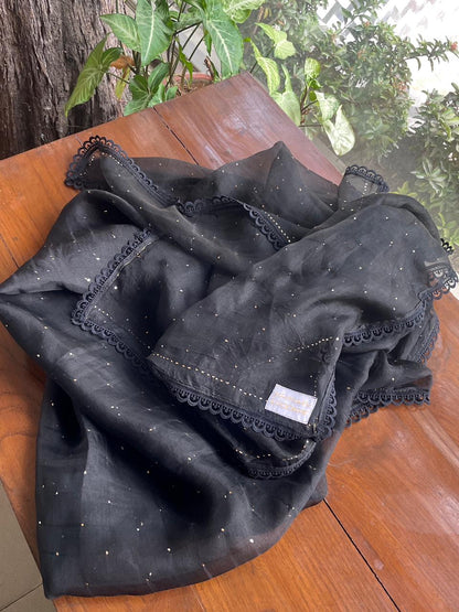 Black Noor Organza Mukaish Kamdani Dupatta With Lace
