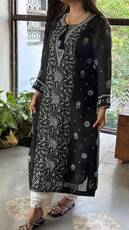 Black Noor Organza Silk Chikankari Straight Cut Kurta Dupatta Set