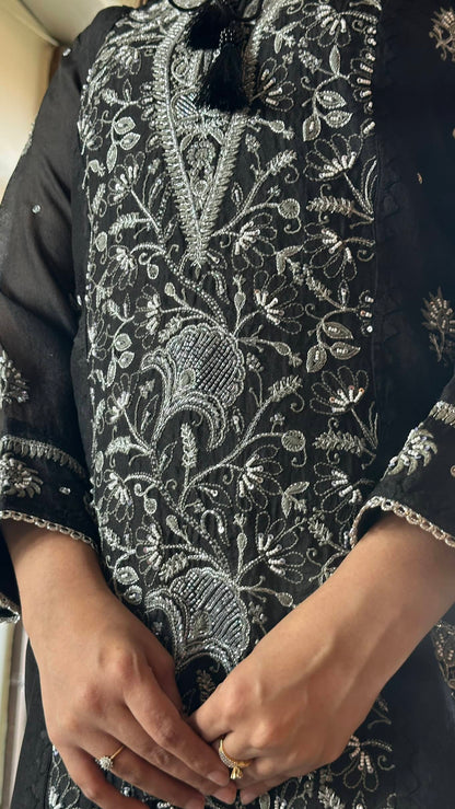 Black Noor Organza Silk Chikankari Straight Cut Kurta Dupatta Set