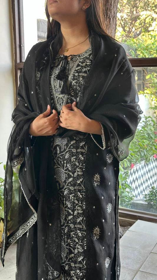 Black Noor Organza Silk Chikankari Straight Cut Kurta Dupatta Set