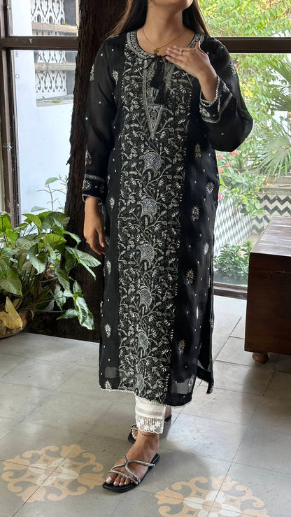 Black Noor Organza Silk Chikankari Straight Cut Kurta Dupatta Set