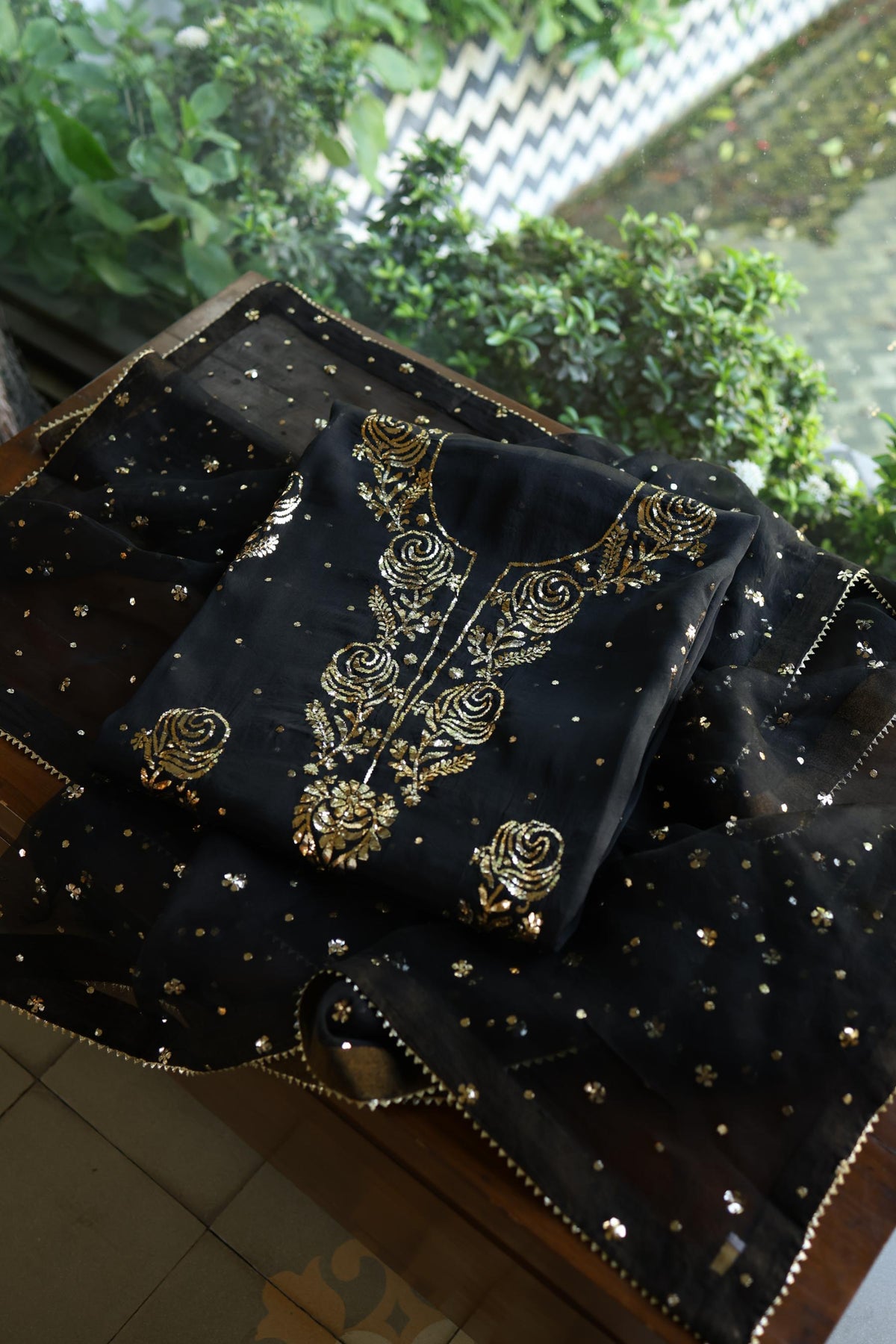 Black Noor Organza Silk Chikankari Unstitched Kurta Dupatta Set