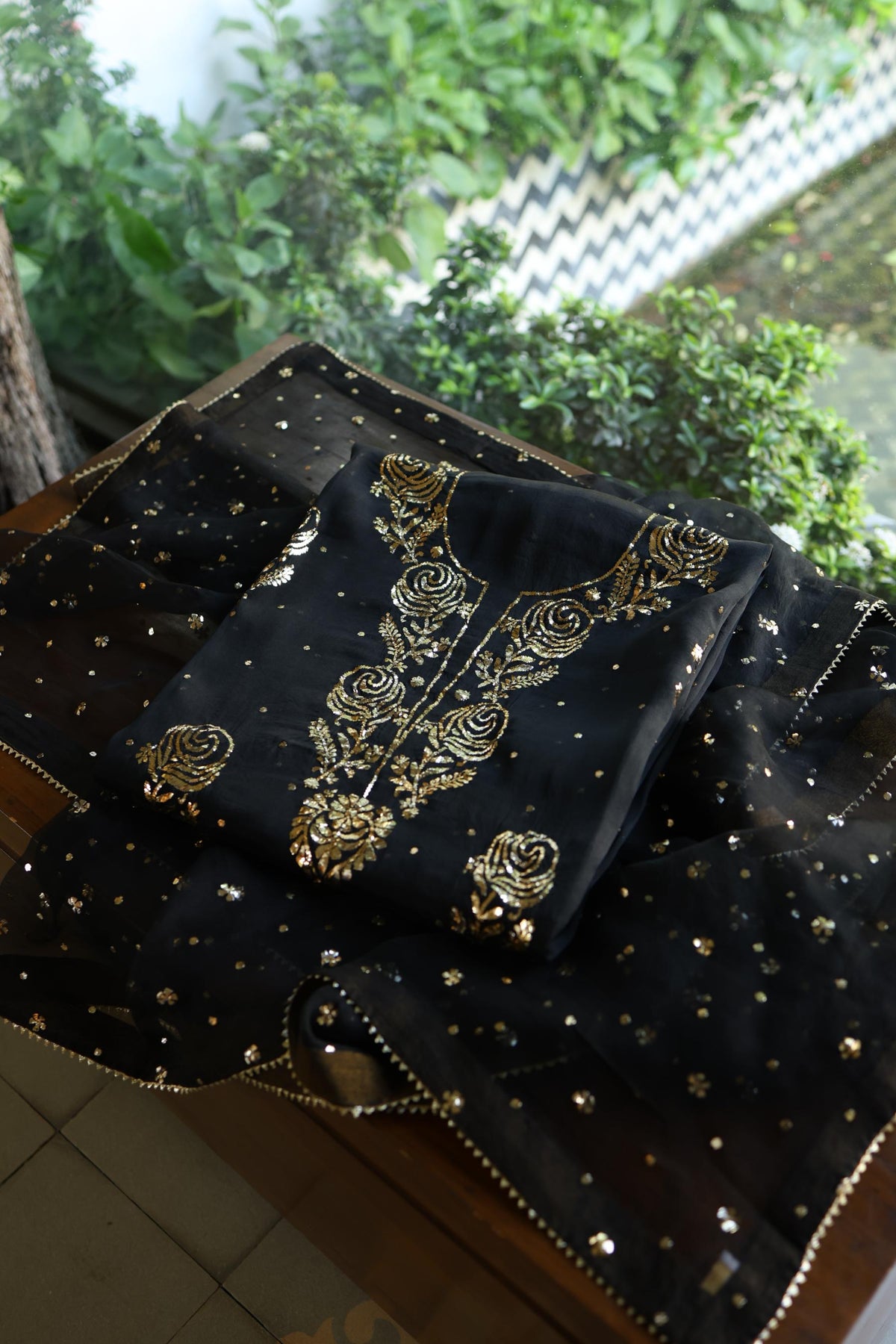 Black Noor Organza Silk Chikankari Unstitched Kurta Dupatta Set