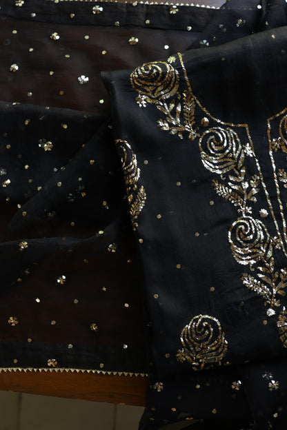 Black Noor Organza Silk Chikankari Unstitched Kurta Dupatta Set