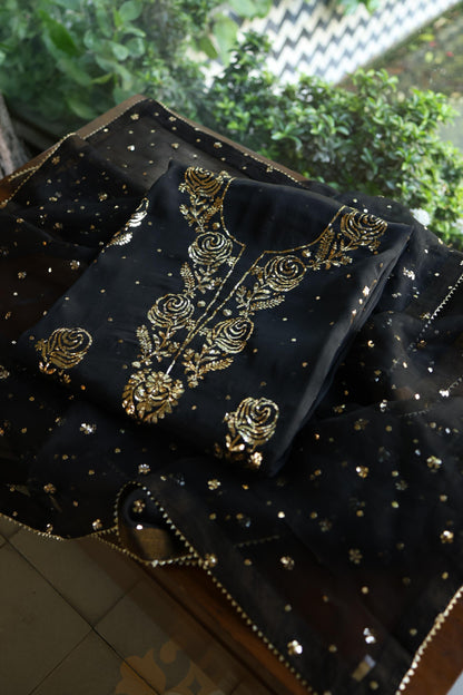Black Noor Organza Silk Chikankari Unstitched Kurta Dupatta Set