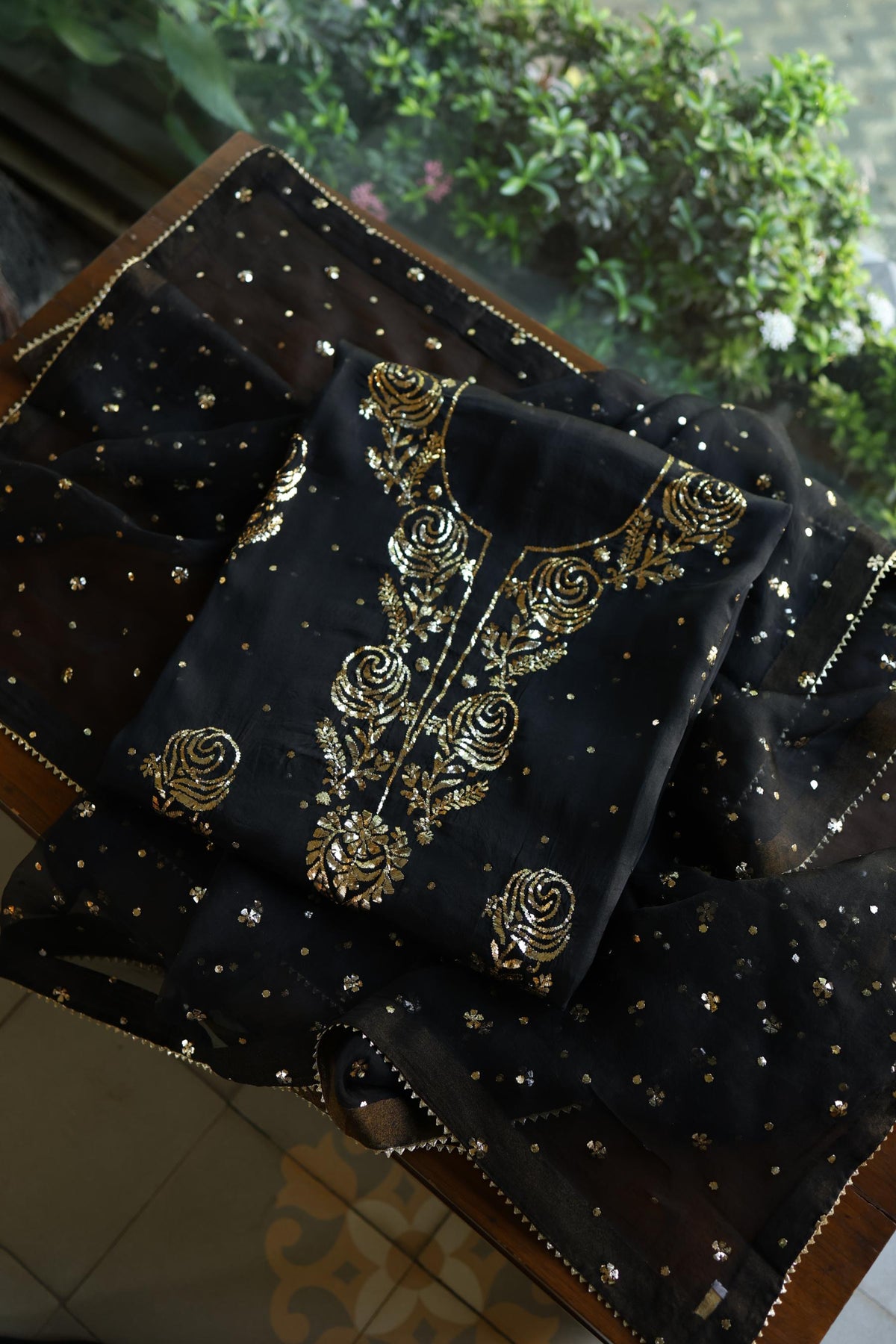 Black Noor Organza Silk Chikankari Unstitched Kurta Dupatta Set
