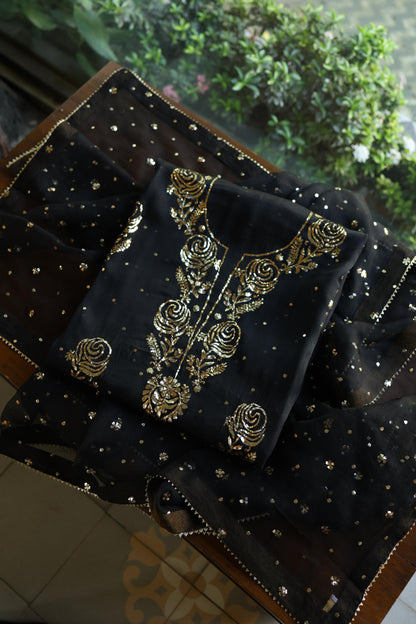 Black Noor Organza Silk Chikankari Unstitched Kurta Dupatta Set