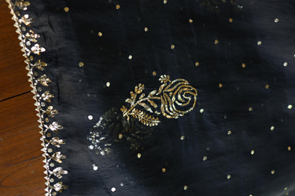 Black Noor Organza Silk Chikankari Unstitched Kurta Dupatta Set