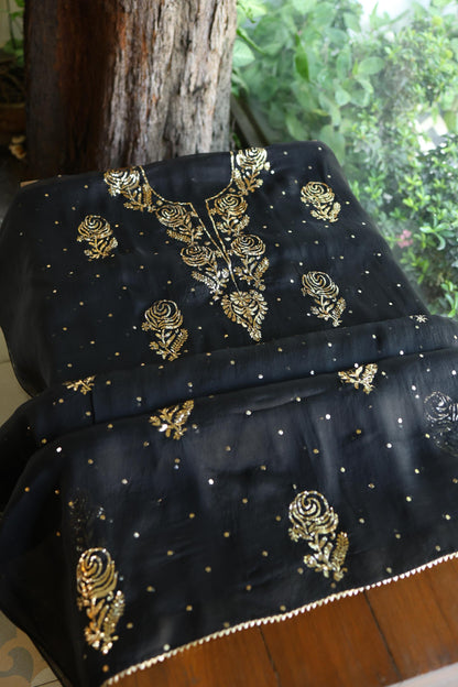 Black Noor Organza Silk Chikankari Unstitched Kurta Dupatta Set