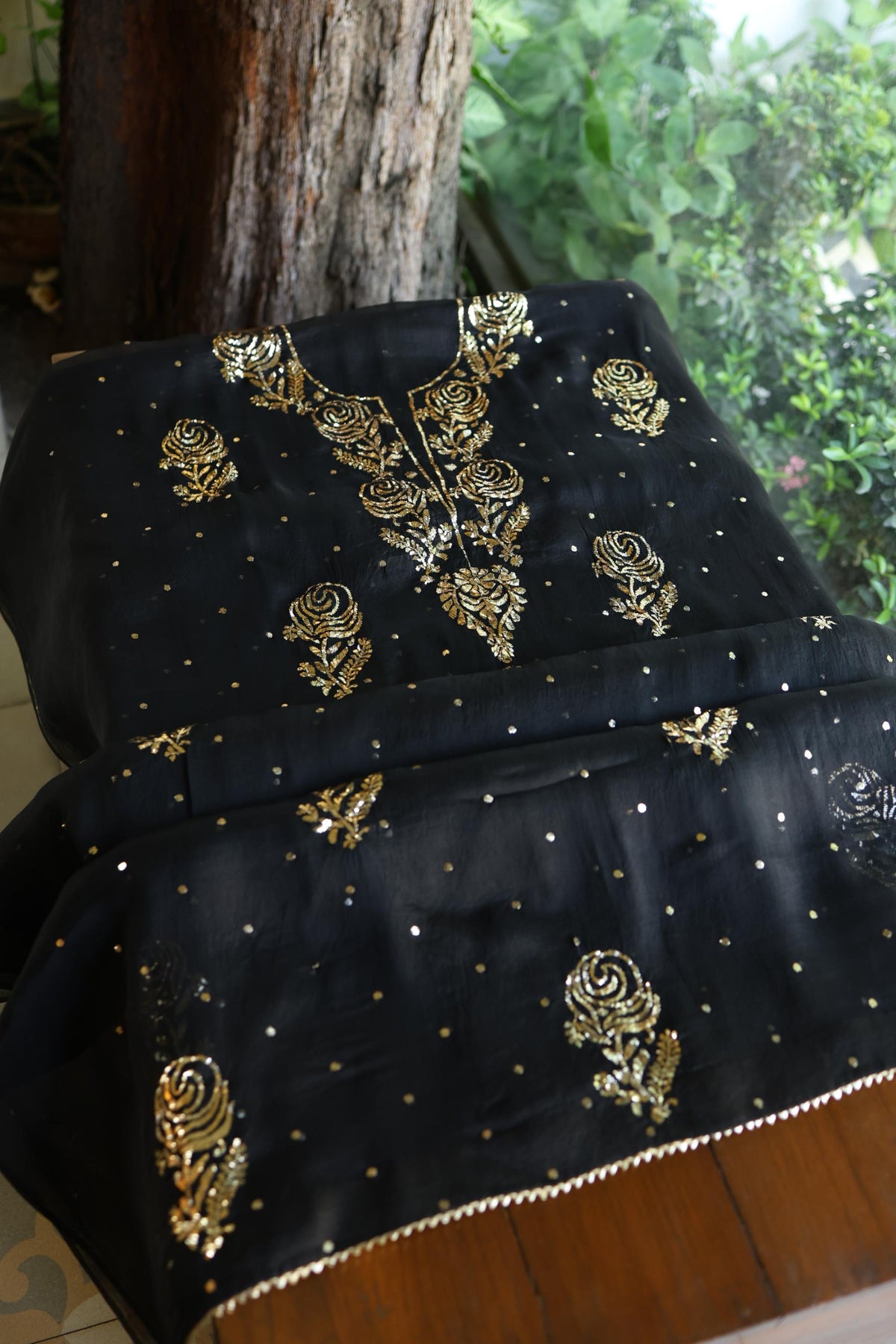 Black Noor Organza Silk Chikankari Unstitched Kurta Dupatta Set