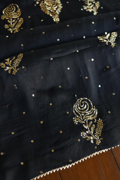 Black Noor Organza Silk Chikankari Unstitched Kurta Dupatta Set