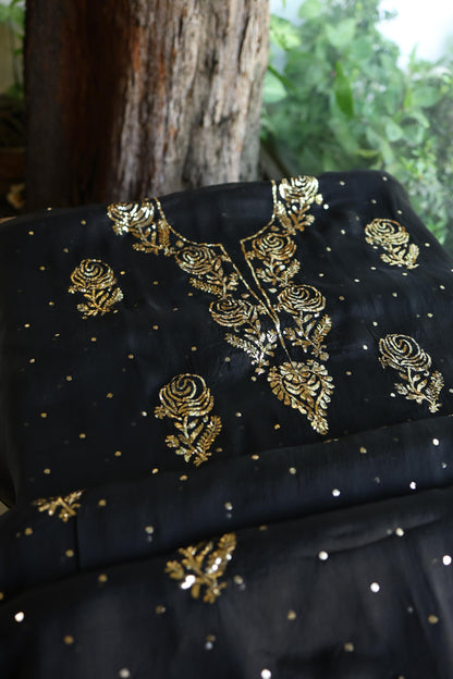 Black Noor Organza Silk Chikankari Unstitched Kurta Dupatta Set
