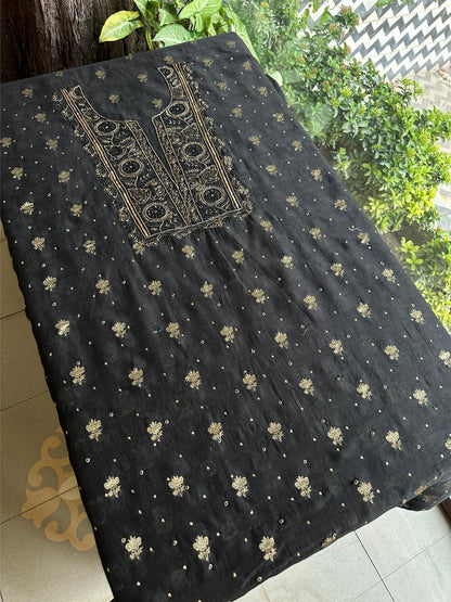 Black Shade Banarasi Zari Chanderi Unstitched Chikankari Fabric