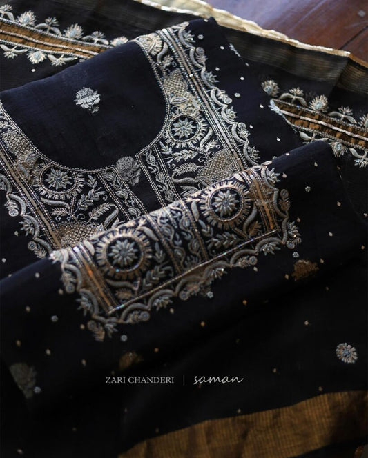 Black Shade Banarasi Zari Chanderi Unstitched Chikankari Fabric