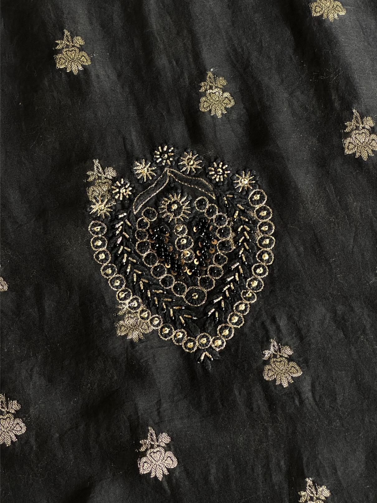 Black Shade Banarasi Zari Chanderi Unstitched Chikankari Fabric