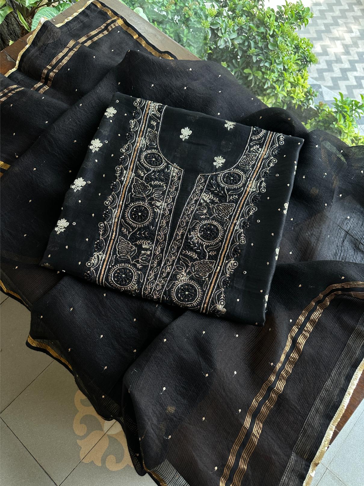 Black Shade Banarasi Zari Chanderi Unstitched Chikankari Fabric