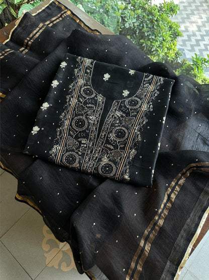 Black Shade Banarasi Zari Chanderi Unstitched Chikankari Fabric