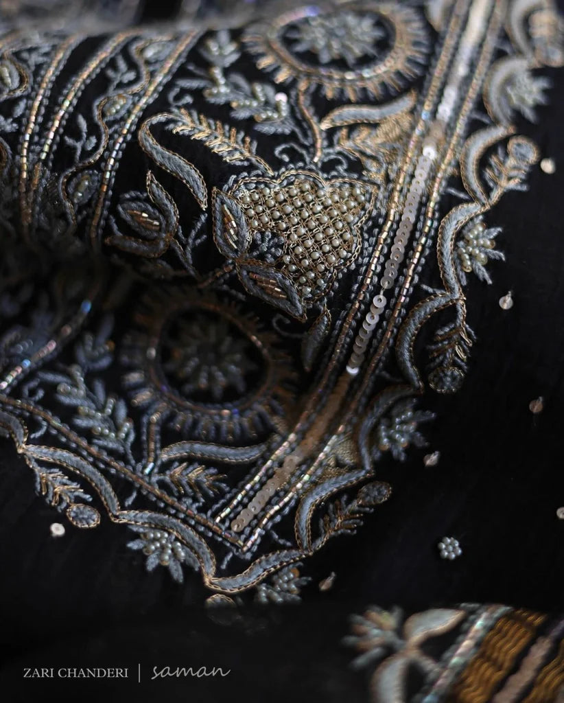 Black Shade Banarasi Zari Chanderi Unstitched Chikankari Fabric