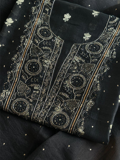 Black Shade Banarasi Zari Chanderi Unstitched Chikankari Fabric