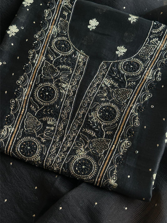 Black Shade Banarasi Zari Chanderi Unstitched Chikankari Fabric