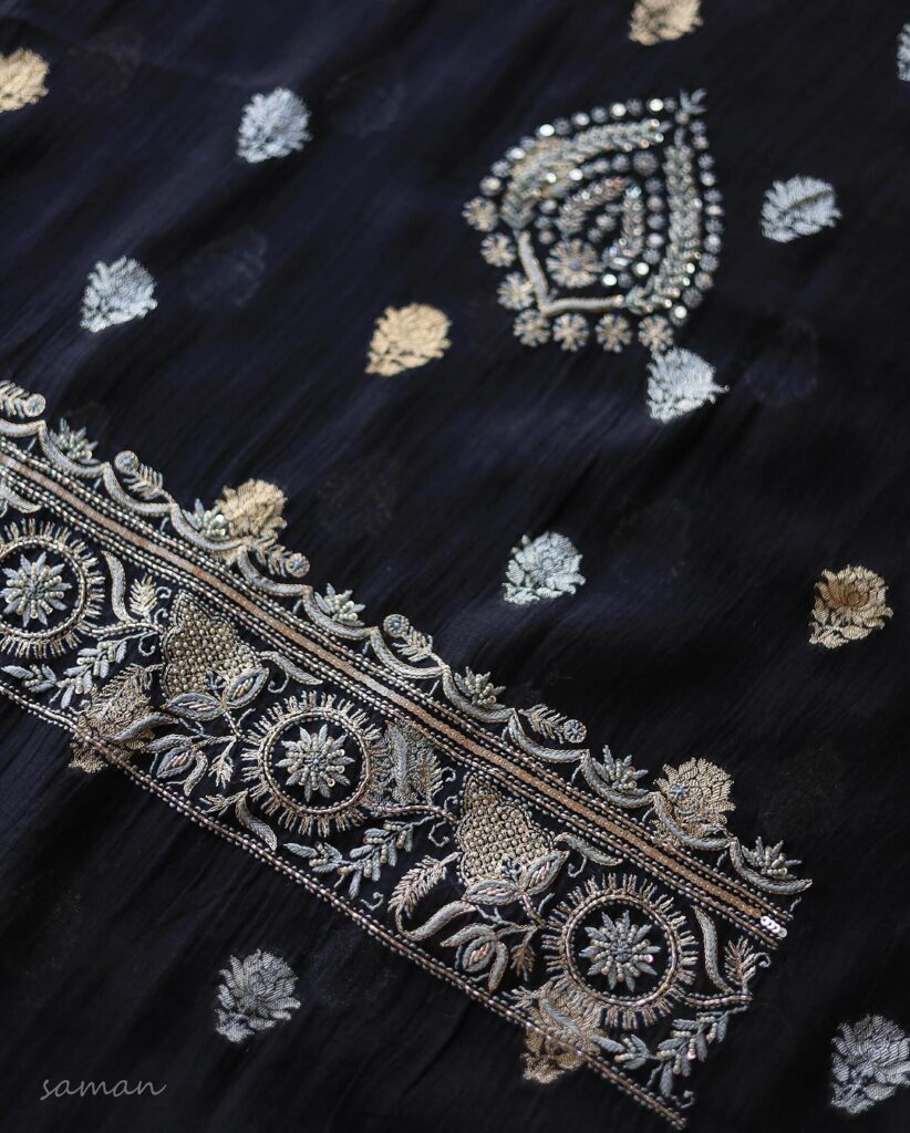 Black Shade Banarasi Zari Chanderi Unstitched Chikankari Fabric