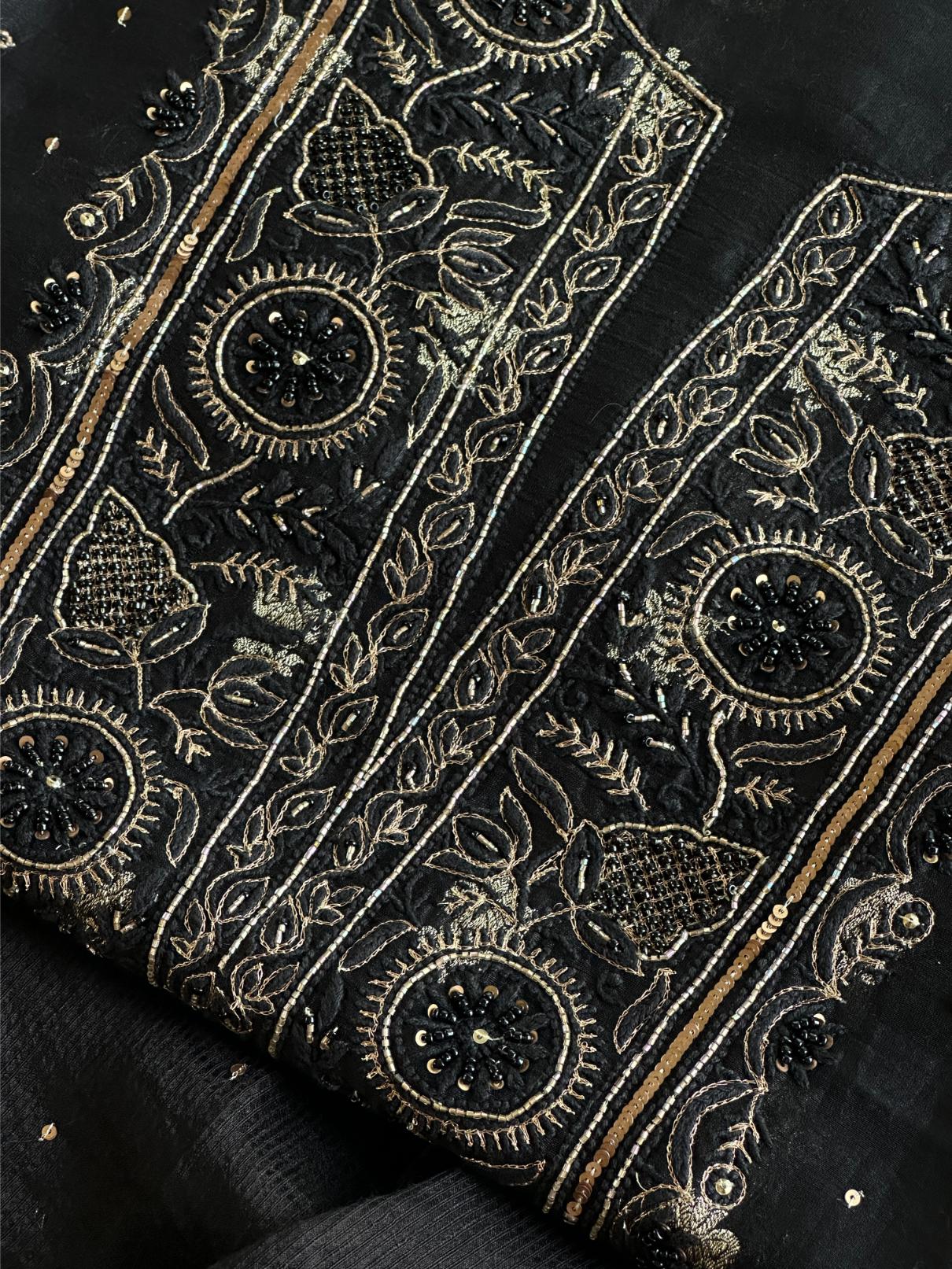 Black Shade Banarasi Zari Chanderi Unstitched Chikankari Fabric