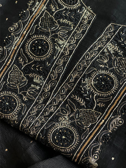 Black Shade Banarasi Zari Chanderi Unstitched Chikankari Fabric