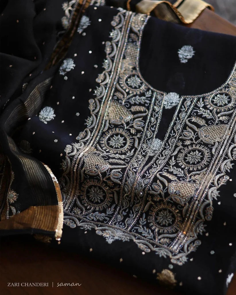 Black Shade Banarasi Zari Chanderi Unstitched Chikankari Fabric