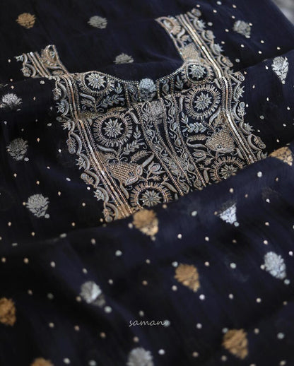 Black Shade Banarasi Zari Chanderi Unstitched Chikankari Fabric