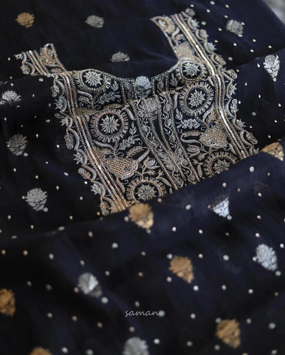 Black Shade Banarasi Zari Chanderi Unstitched Chikankari Fabric