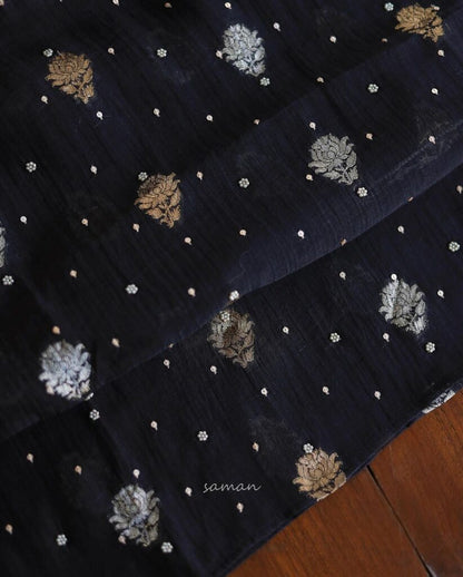Black Shade Banarasi Zari Chanderi Unstitched Chikankari Fabric