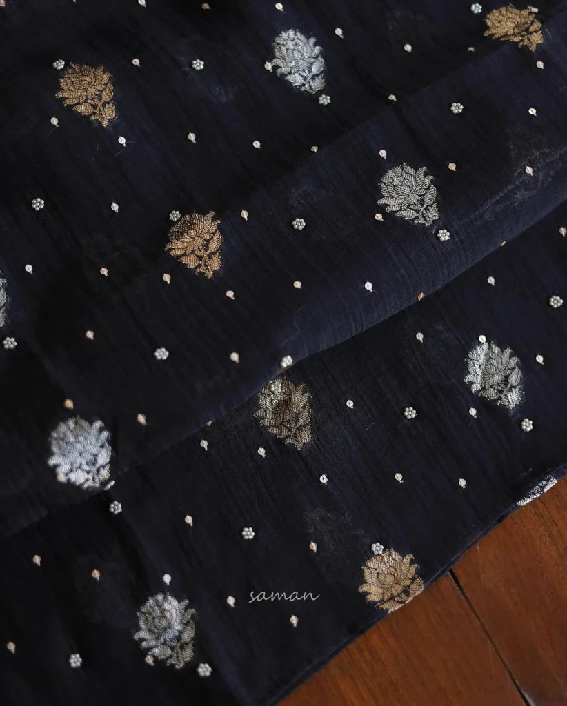 Black Shade Banarasi Zari Chanderi Unstitched Chikankari Fabric
