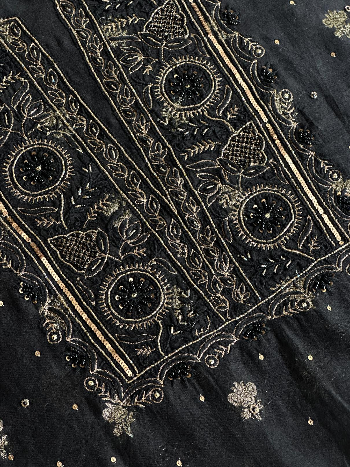 Black Shade Banarasi Zari Chanderi Unstitched Chikankari Fabric