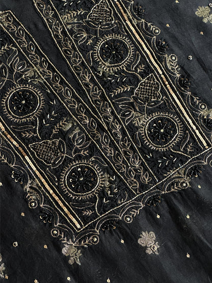 Black Shade Banarasi Zari Chanderi Unstitched Chikankari Fabric