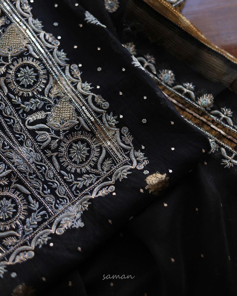 Black Shade Banarasi Zari Chanderi Unstitched Chikankari Fabric