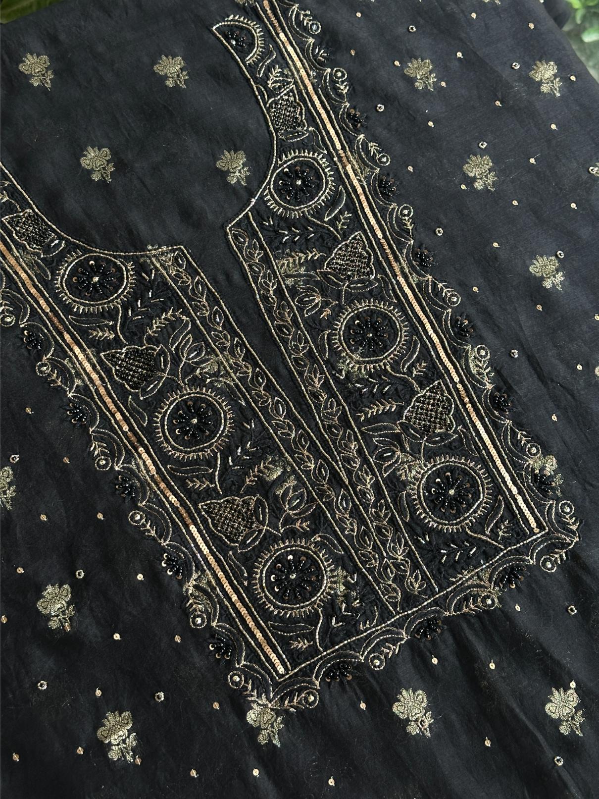 Black Shade Banarasi Zari Chanderi Unstitched Chikankari Fabric