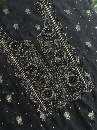 Black Shade Banarasi Zari Chanderi Unstitched Chikankari Fabric