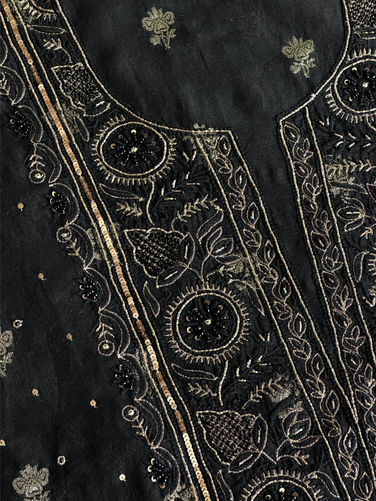 Black Shade Banarasi Zari Chanderi Unstitched Chikankari Fabric