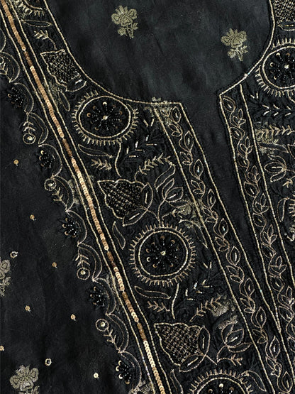 Black Shade Banarasi Zari Chanderi Unstitched Chikankari Fabric