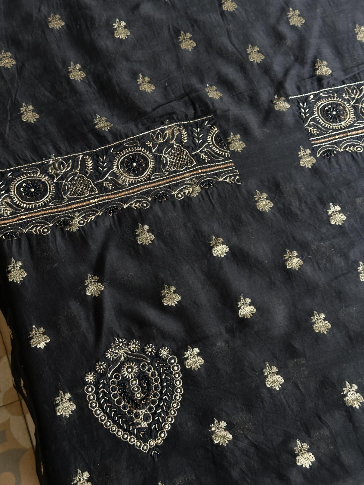 Black Shade Banarasi Zari Chanderi Unstitched Chikankari Fabric