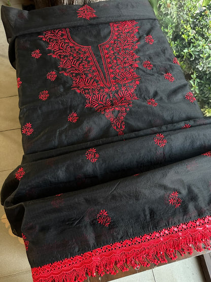 Black Shade Kota Chikankari Unstitched Suit Fabric