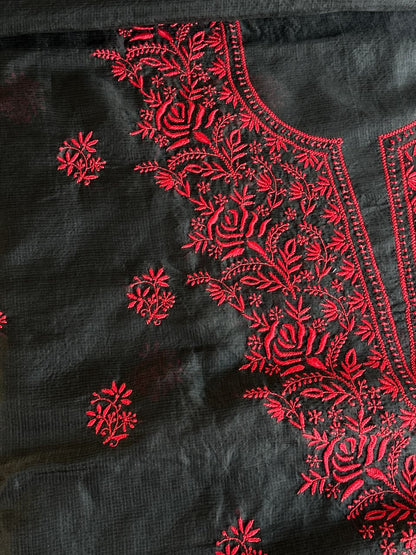 Black Shade Kota Chikankari Unstitched Suit Fabric